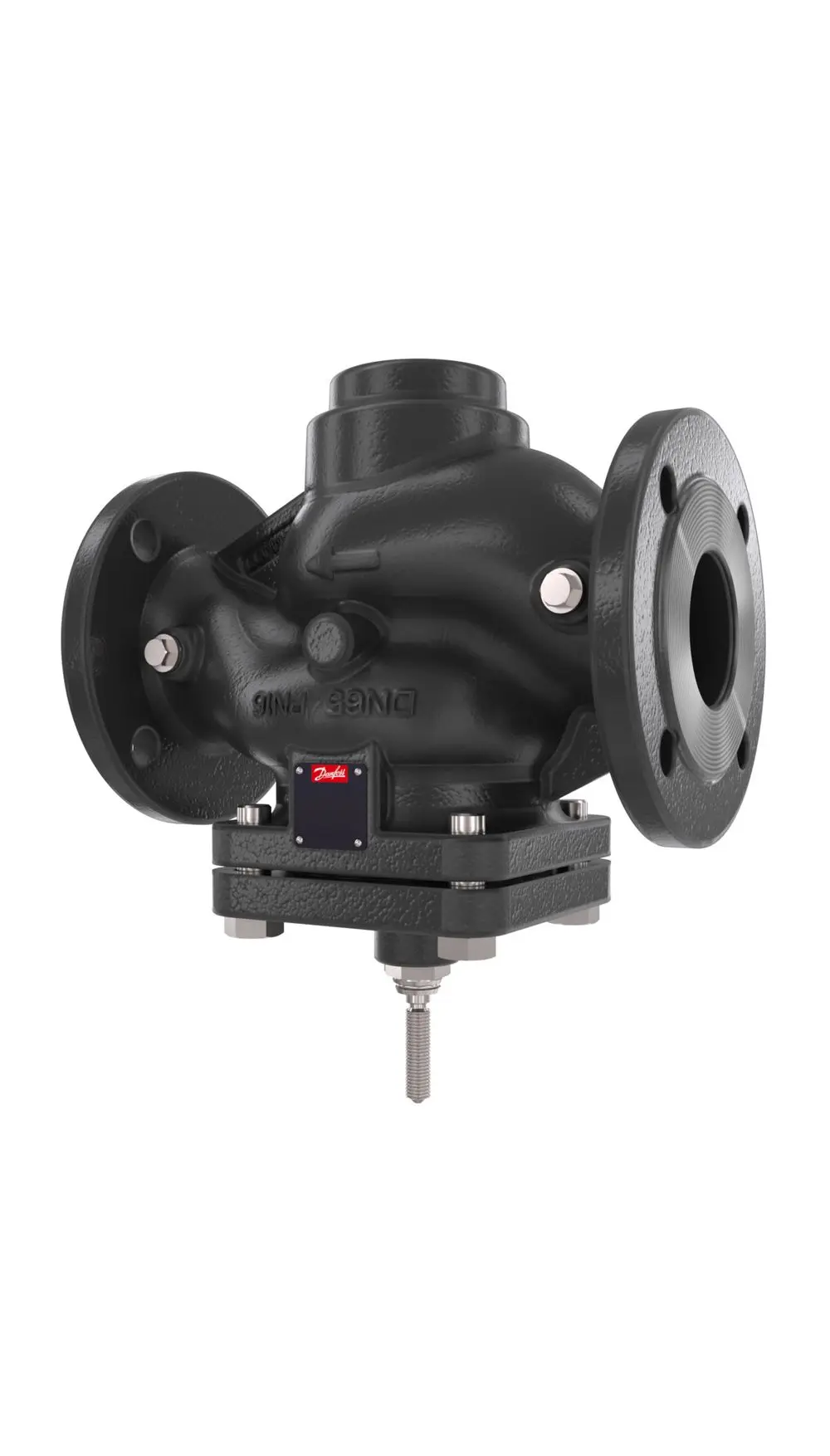 Schwarzes Durchgangsventil mit Flanschen und Steuerungseinheit, hergestellt von Danfoss. Das Ventil weist eine robuste Konstruktion auf.